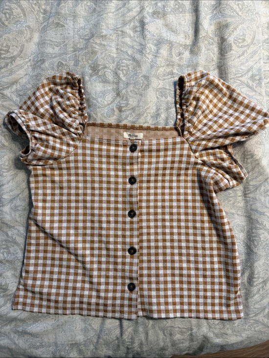 Madewell Tops - Madewell Brown and White Gingham Puff-Sleeve Button-Front Top